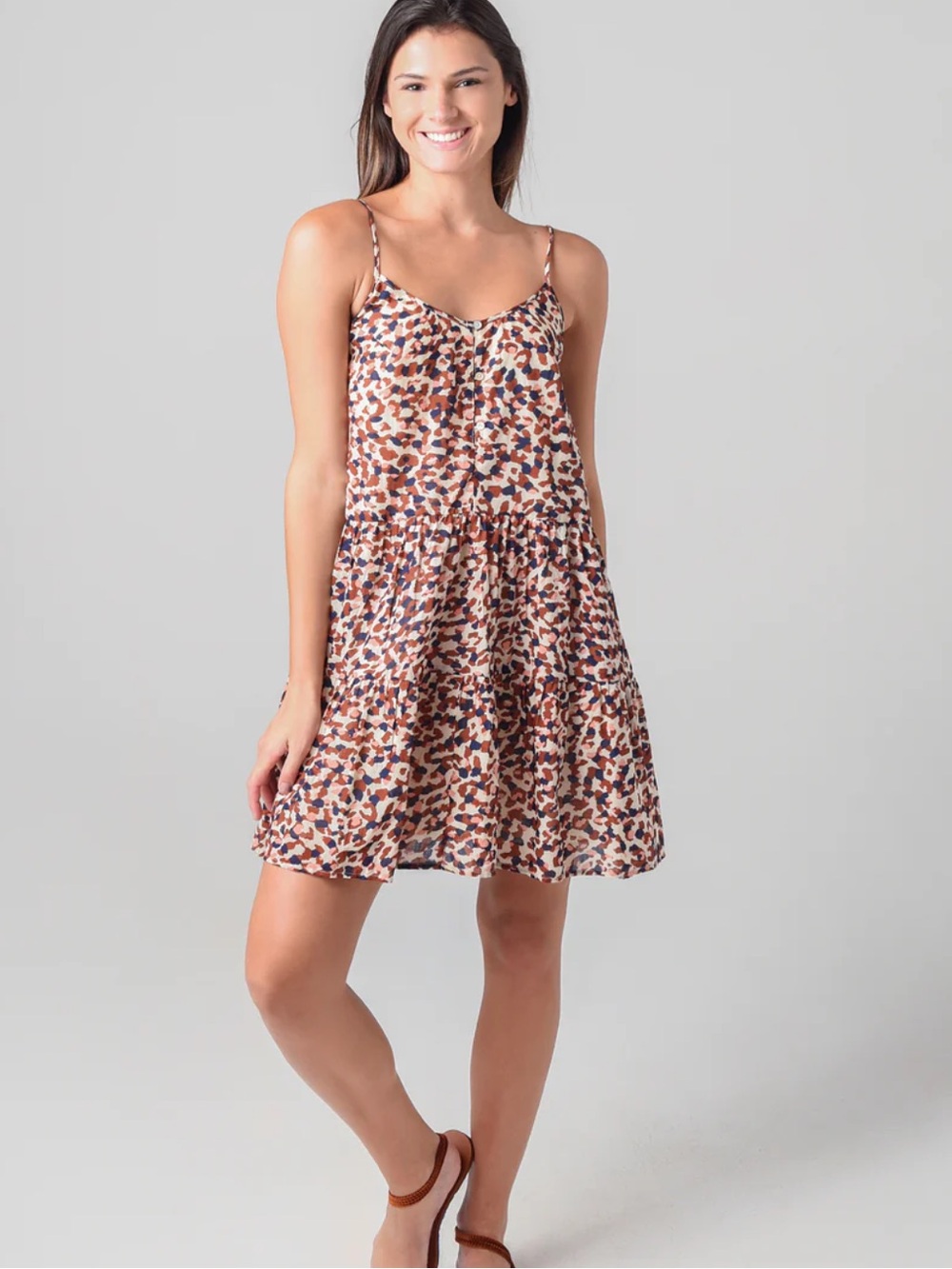 Velvet zahara Spaghetti Strap cami animal Printed beach Dress - Brown navy pink